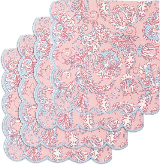 PurpleEssences Scalloped Embroidery Kalamkari Cloth Napkins Christmas Holiday Winter Table Decor 100% Cotton Set of 4-18 x 18 inch - Blush Pink Edges Light Blue