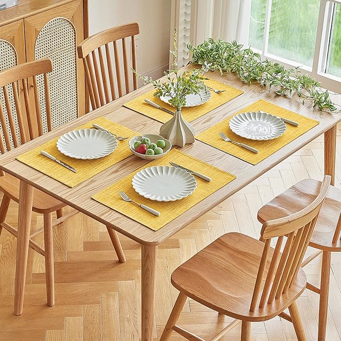 Softalker Faux Linen Placemats Set of 12-12 x 18 Inch, Heat Resistant Double Layered Durable Burlap Farmhouse Place Mats, Non-Slip Washable Rustic Table Mats for Dining, Kitchen, Party（Yellow