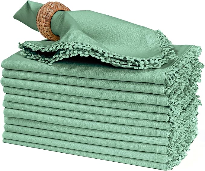 Bedding Craft Cotton Cloth Dinner Napkins Set of 12 – 18x18 Bird Egg Gray Sea Green with Decorative Lace Selvedge, Reusable Machine Washable Fabric Napkins for Weddings, Parties & Dining