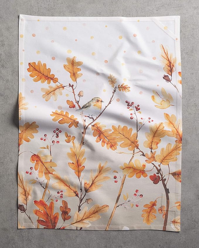 Maison d' Hermine Kitchen Towels Set of 3 100% Cotton 20" x 27.5" Reusable Cloth Tea Dish Towels Absorbent with Hanging Loop for Kitchen Dining Thanksgiving Christmas Decorations (Oak Leaves)