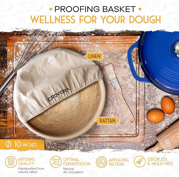 6 QT Enameled Cast Iron Dutch Oven for Bread Baking with Lid - Incl. Sourdough Bread Baking Supplies like Banneton Bread Proofing Basket, Cast Iron Bread Oven, Bread Pan, bread making tools