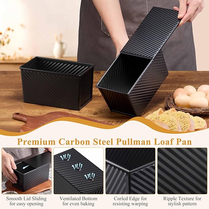 LIANYU Pullman Loaf Pan with Lid, 1 LB Nonstick Bread Loaf Pan, Metal Baking Tin for Homemade Sourdough Bread, Carbon Steel Bakeware Toast Box with Cover for Toast Oven Baking, Black