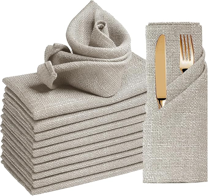 BALCONY & FALCON Cloth Napkins Set of 12 Washable Linen Napkins Absorbent Wrinkle-Free Fabric Napkin Bulk for Dinner Wedding Party Easter Thanksgiving Christmas Banquet (Beige 17.7"x17.7")