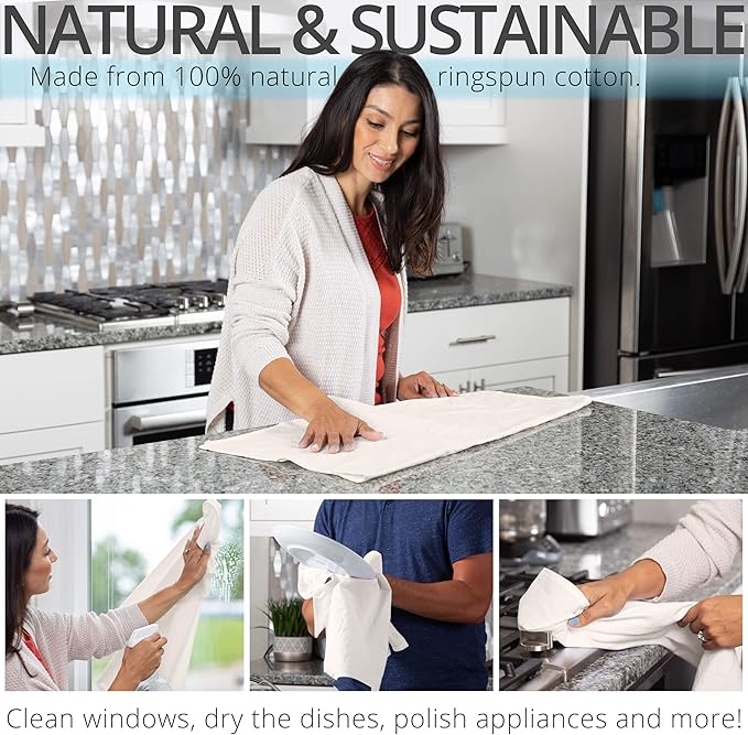 Aunti Em's Kitchen Flour Sack Dish Towels - Natural Cotton for Embroidery and Drying Glass, Hand, Dinnerware - Plain, Thick, Zero-Lint, Highly Absorbent - Set of 13, 27 x 27 Inch, Unbleached Tan