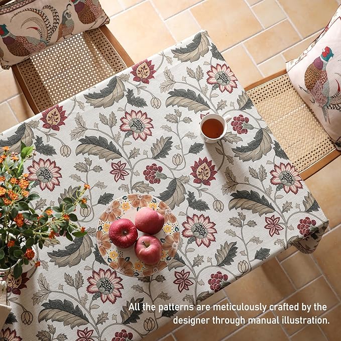 French Tablecloth for Rectangle Tables,Linen Table Cloth with Red Flowers Pattern,Heavy Durable Table Cover for Dining Thanksgiving Kitchen Decor Party Banquet Christmas,63"*94"