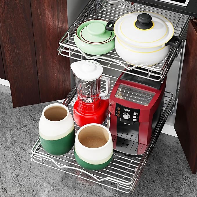 HOLDN’ STORAGE Two Tier Pull Out Cabinet Organizer, Individual Sliding Drawers - Heavy Duty Metal with Lifetime Limited Warranty - Anti Rust Chrome Finish - 26.5" W x 21”D x 16.5" H