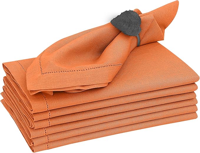Ruvanti Premium Linen Napkins Set of 6-20x20 Inch, Classic Hemstitch, Mitered Corner Cloth Napkins ‎- Soft, Elegant Dinner Napkins Cloth Washable for Weddings, Parties, Everyday Use - Fall/Orange
