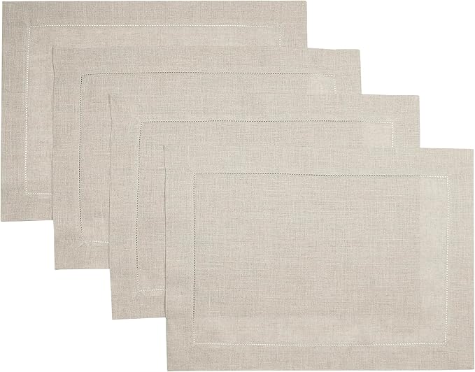 D'Moksha Homes Linen Placemats Set of 4-100% Pure Linen Natural Placemats 14 x 19 Inch - Classic Hemstitch, Washable Natural Placemats for Christmas Decor, Holiday