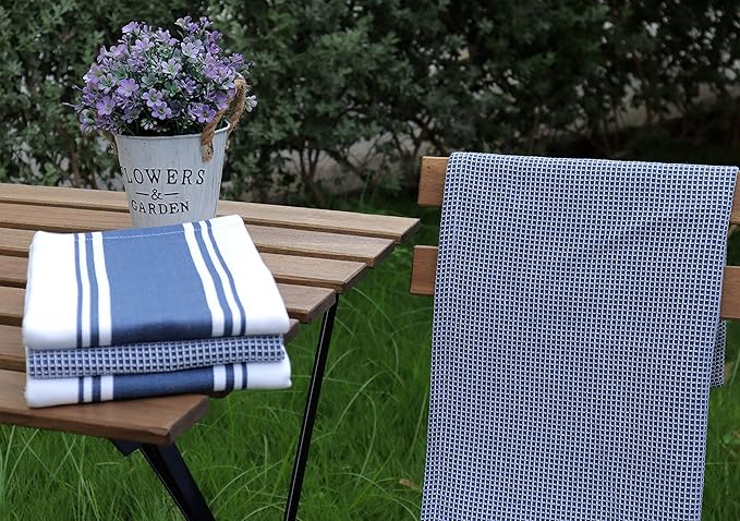 AMOUR INFINI Cotton Kitchen Towels - Set of 4 Highly Absorbent, Ultra Soft Waffle Weave Tea Towel with Hanging Loop - 20x28 Inch Quick Drying Dish Cloths for Cleaning (Blue)