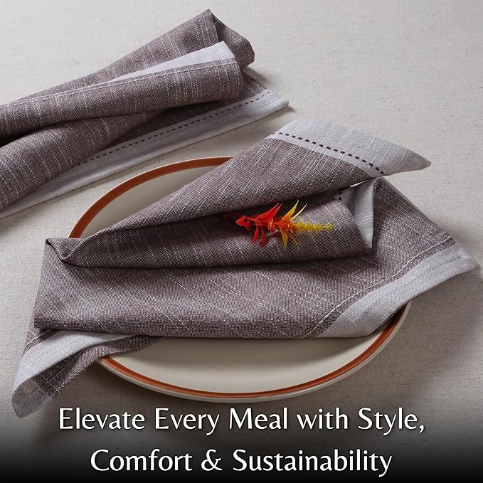 Ramanta Home Cloth Napkins Set of 12 Textured Cotton 18x18 - Premium Contrast Border Thanksgiving Dinner Napkins for Christmas Farmhouse Wedding, Soft Washable Table Linen for Everyday Use - Brown
