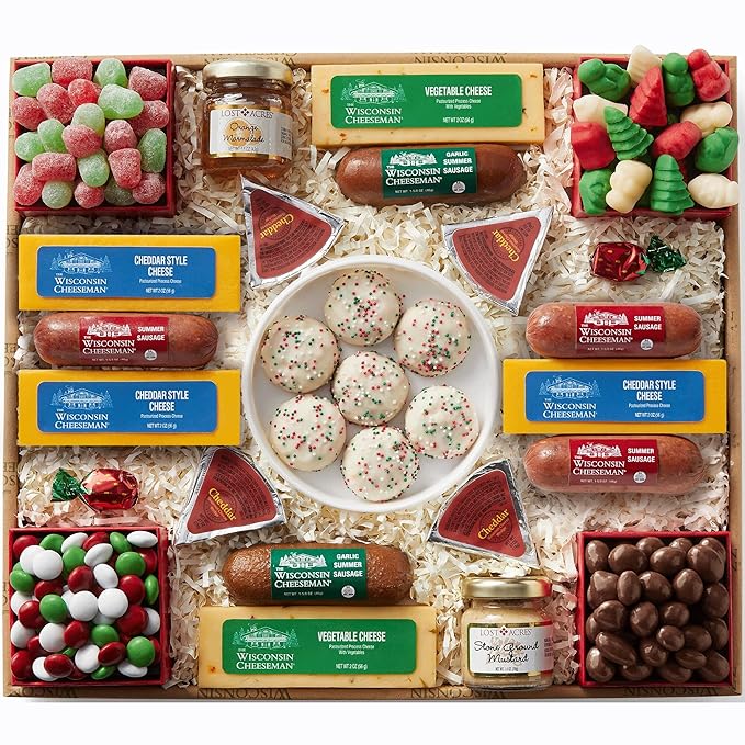 The Wisconsin Cheeseman 21-Piece Holiday Gift Basket – Summer Sausage, Meats & Cheeses, Cookies Variety Pack, Dessert for Adults, Charcuterie Boards