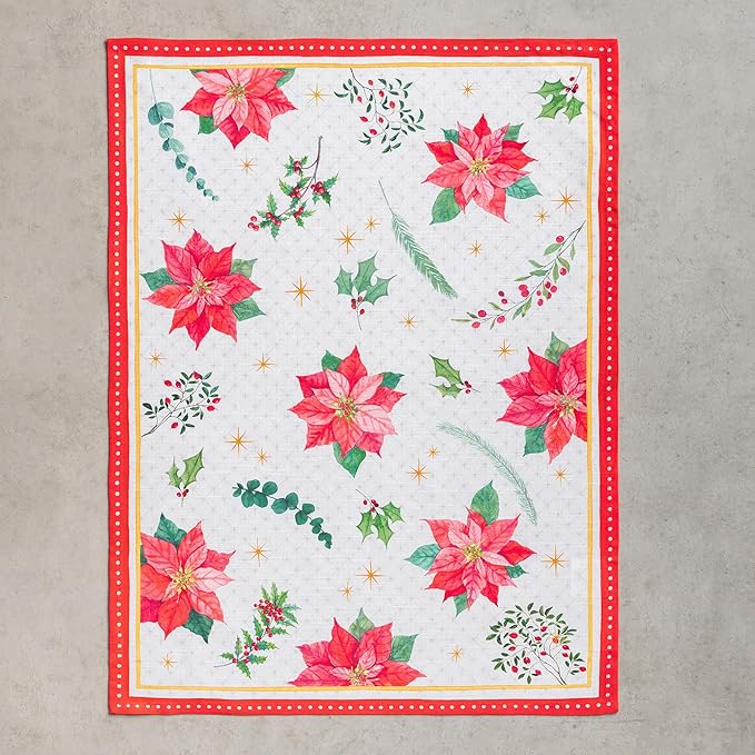 Maison d' Hermine Kitchen Towels Set of 3 100% Cotton 20" x 27.5" Reusable Cloth Tea Dish Towels Absorbent with Hanging Loop for Kitchen Thanksgiving Christmas Decorations (Poinsettia Christmas)