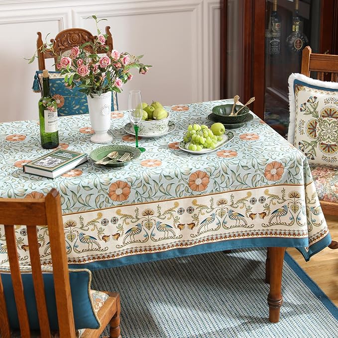 patdrea Designer French Linen Blue Tablecloth for Rectangle Table,Vintage Floral Table Cloth,Colorful Decoration Fall Cover Kitchen Dining for Thanksgiving,Christmas,63"x94"-Wensel