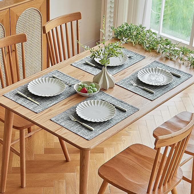 Softalker Faux Linen Placemats Set of 12-12 x 18 Inch, Heat Resistant Double Layered Durable Burlap Farmhouse Place Mats, Non-Slip Washable Rustic Table Mats for Dining, Kitchen, Party（Ash Grey