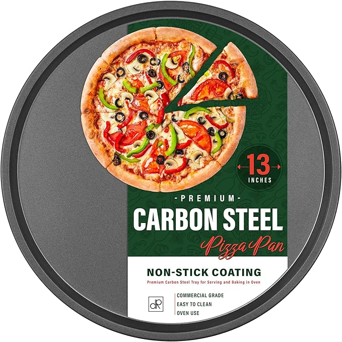 DecorRack 13 Inch Carbon Steel Pizza Pan, [Premium] Non-Stick Coating, Commercial Grade, Serving Tray, Heavy Duty Round Baking Tray for Oven Use (1 Pack)