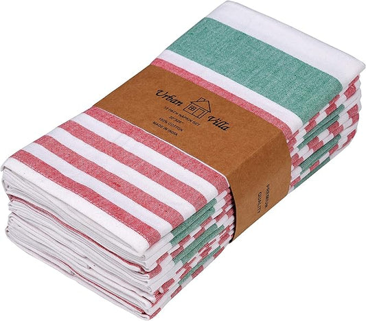 Urban Villa Dinner Napkins Horizontal Stripes Cloth Napkins Set of 12 Ruby/Green Color Dinner Napkins 20x20 Inches 100% Cotton Over sized Cloth Napkins with Mitered Corners Dinner Napkins