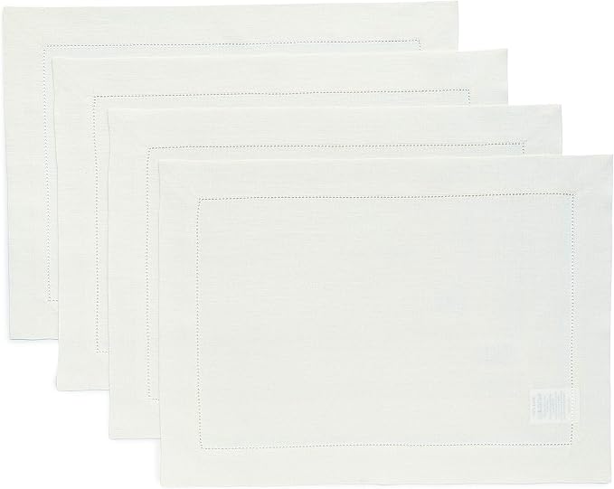 Solino Home Linen Placemats Set of 4 - Classic Hemstitch Ivory Placemats 14 x 19 Inch - 100% Pure Linen Table Mats for Fall, Autumn, Thanksgiving, Christmas, Holiday