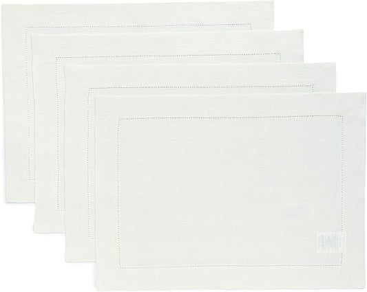 Solino Home Linen Placemats Set of 4 - Classic Hemstitch Ivory Placemats 14 x 19 Inch - 100% Pure Linen Table Mats for Fall, Autumn, Thanksgiving, Christmas, Holiday