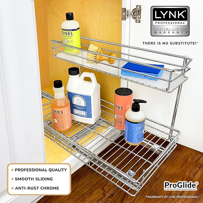 LYNK PROFESSIONAL® Pull Out Under Sink Kitchen Cabinet Organizer - 11.5 in. x 21 inch deep Drawer - Sliding Shelf Organizer for Cabinets and Undersink Storage Shelves - Lifetime Ltd. Warranty – Chrome