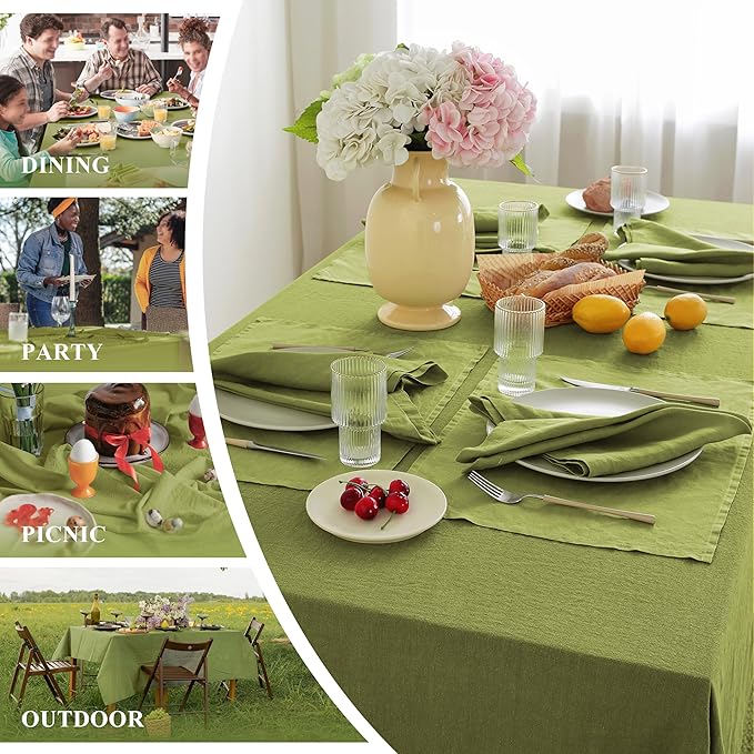 Linen World Vintage Tablecloths 60x108 Inch,100% French Linen Tablecloth,Classic Vintage Washed Table Cloths for Kitchen,Outdoor,Weddings,Decorative Valentine Easter,Moss Green