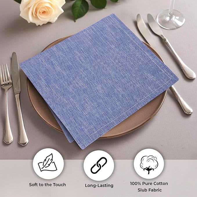 Urban Villa Cloth Napkins 100% Cotton Slub Absorbent Dinner Napkins (Set of 12) Oversized 20x20 Inches Blue White Chambray Soft Durable Reusable Washable Ideal for Everyday Use Premium Quality