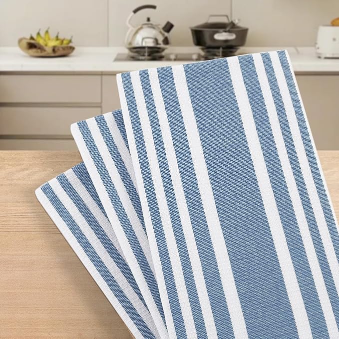 Homaxy Premium Kitchen Towels 18”x 28”, Large Cotton 380 GSM Kitchen Hand Towels, Stripe and Terry Dish Towel, Highly Absorbent Tea Towel Set with Hanging Loop, 8 Pack, Navy Blue