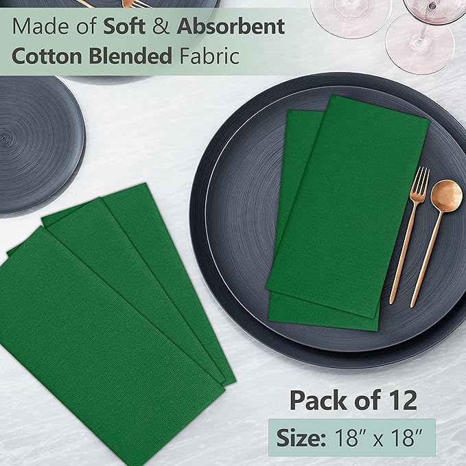 Ruvanti Cloth Napkins Set of 12, 18x18 Inches Napkins Cloth Washable, Soft, Durable, Absorbent, Cotton Blend. Table Dinner Napkins Cloth for Hotel, Christmas Parties, Restaurant, Wedding - Dark Green