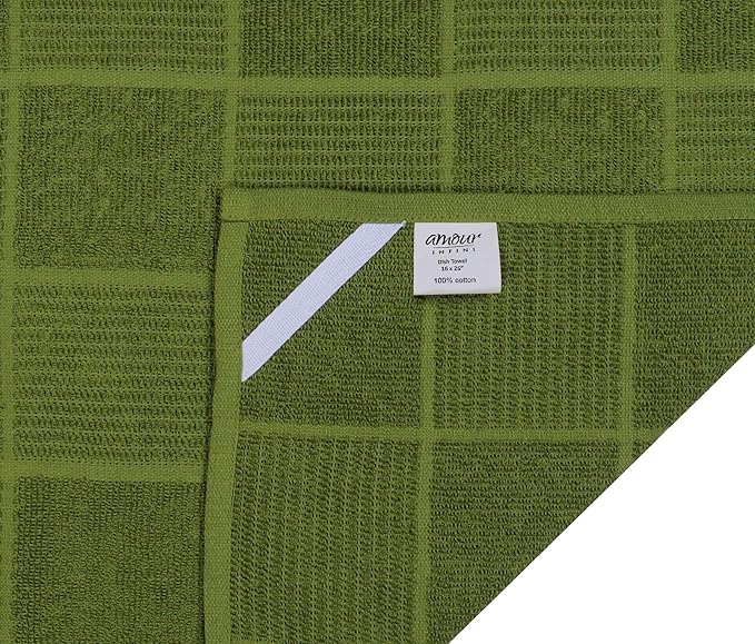 AMOUR INFINI Kitchen Towels Pack of 4 Absorbent, Quick Drying Premium Terry Cotton Dish Towel with Hanging Loop 16x28 Inch Hand & Tea Towels (Green)