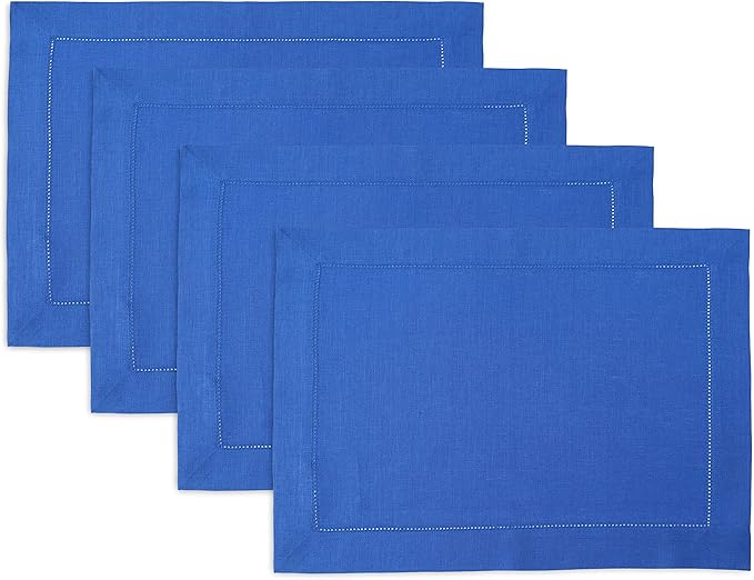 Solino Home Linen Placemats Set of 4 - Classic Hemstitch Royal Blue Placemats 14 x 19 Inch - 100% Pure Linen Table Mats for Holiday, Winter, Christmas