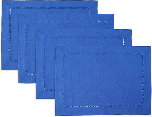 Solino Home Linen Placemats Set of 4 - Classic Hemstitch Royal Blue Placemats 14 x 19 Inch - 100% Pure Linen Table Mats for Holiday, Winter, Christmas