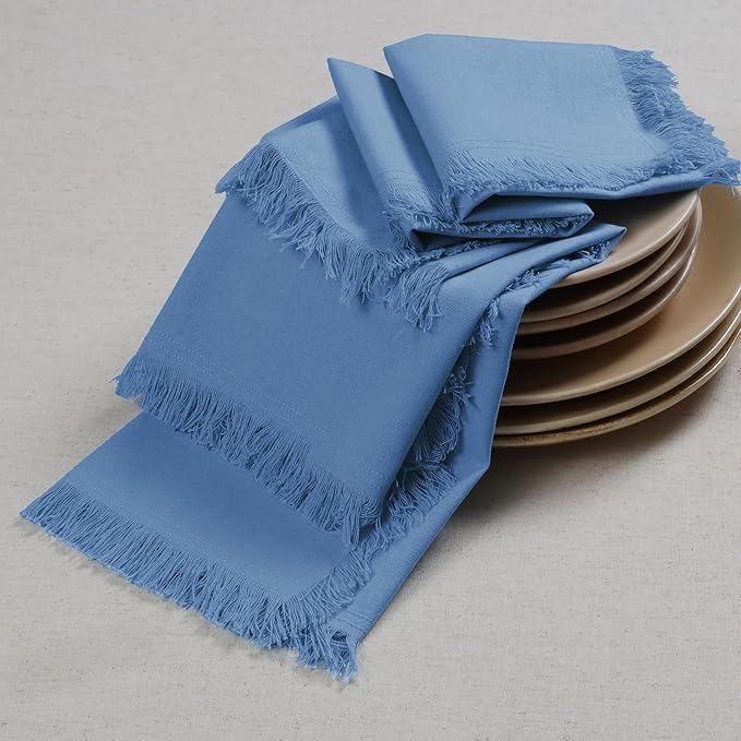 Bedding Craft Cotton Cloth Dinner Napkins Set of 12 – 18x18 Light Blue with Frayed Selvedge Edges – Machine Washable Fabric Napkins for Weddings, Baby Showers, Parties & Dining