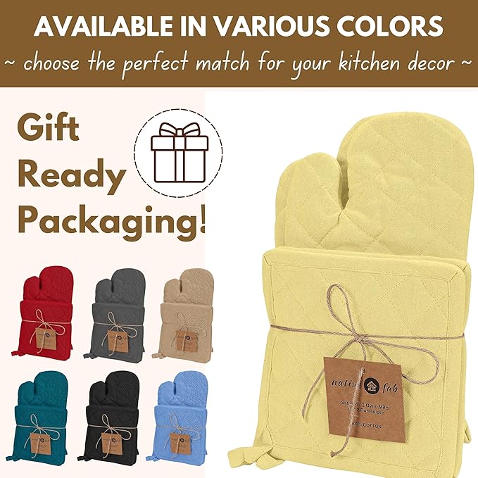 Native Fab 4 Piece Set - 2 Oven Mitts & 2 Potholders, Heat Resistant, 100% Cotton, Quilted Design, Non-Slip Grip, Machine Washable, Ideal for Baking, Cooking, BBQ, Kitchen Protection - Pale Yellow
