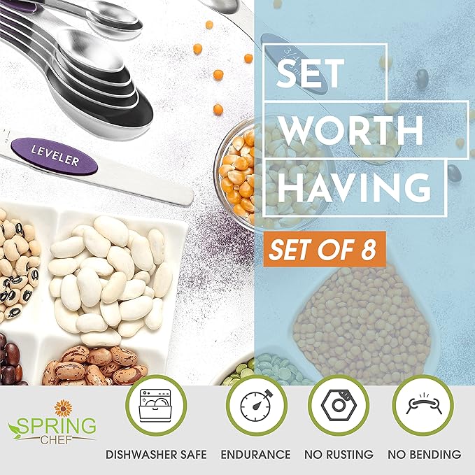 Spring Chef Purple Stainless Steel Magnetic Measuring Spoons Set of 8 with Leveler, Dual Sided Metal Teaspoon & Tablespoon Measuring Spoons, Kitchen Gadgets for Baking & Cooking, Fits in Spice Jars