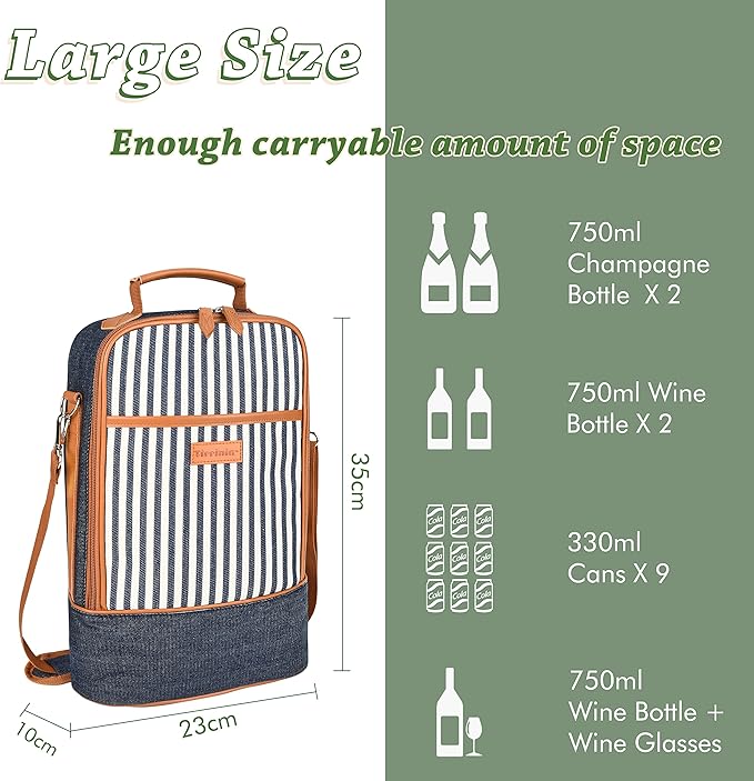 Tirrinia Insulated 2 Bottle Wine Gift Tote Bag - Tumbler Glass Cooler Carrier for BYOB Restaurants, Tasting, Travel, Park, Beach - Great Wine Lover Gift, Denim Stripe