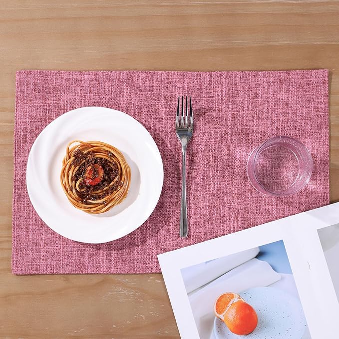 SHACOS Woven Fabric Placemats Set of 4 Heat Resistant Place Mats Non Slip Washable Double Layer Cloth Placemats Reversible Table Mats Kitchen Dining Table Decor (4, Hot Pink)