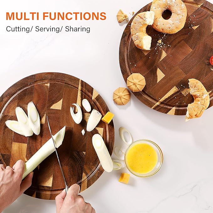 End Grain Butcher Block Round 12 IN, Premium Acacia Wood Cutting Board with Juice Groove, TJ POP Medium Chopping Board for Kitchen, 1 IN Thick