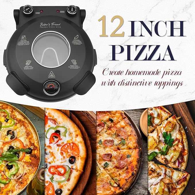 Baker’s Friend Electric Pizza Oven Indoor Countertop, 12 Inch Pizza Maker Machine for Home, Pizza Cooker & Pizza Grill, Premium Glazed Ceramic Stone Pizza Oven, Graphite Gray