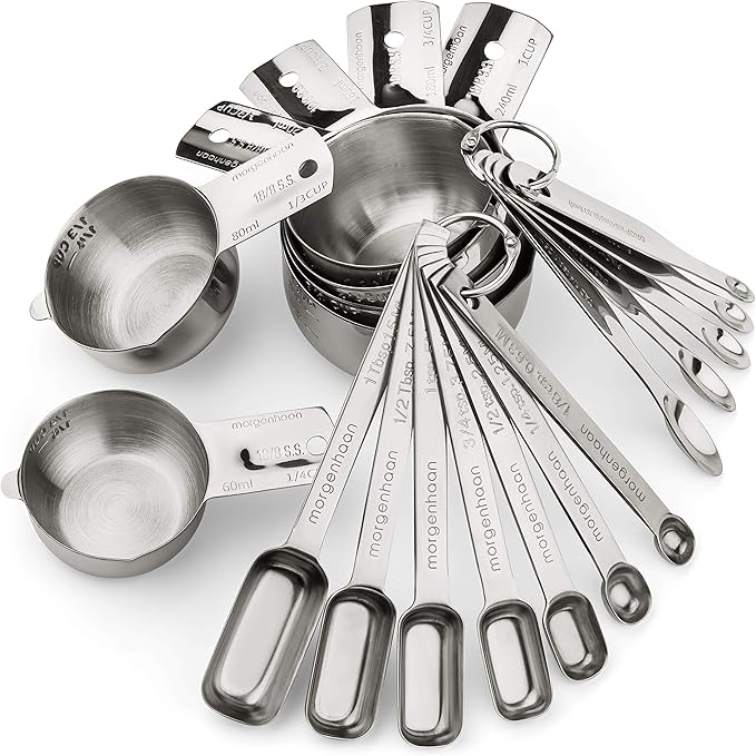 Heavy-Duty 304 Stainless Steel Measuring Cup Set (18-Piece) - Stackable, Dual Metric/US, Long & Narrow Spoons for Spice Jars + 5 Mini Spoons