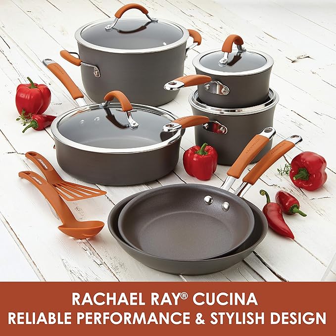 Rachael Ray Cucina Dishwasher Safe Hard Anodized Nonstick Cookware Pots and Pans Set, 12 Piece, Gray with Orange Handles & Cucina Nonstick Bakeware Set, 10 Piece, Latte Brown with Cranberry Red Grips