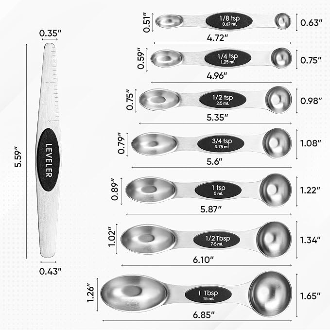 Spring Chef Stainless Steel Magnetic Measuring Spoons Set with Strong N45 Magnets, Heavy Duty Metal Kitchen Gadgets for Baking & Cooking, Fits in Most Kitchen Spice Jars, Set of 8 with Leveler, Black