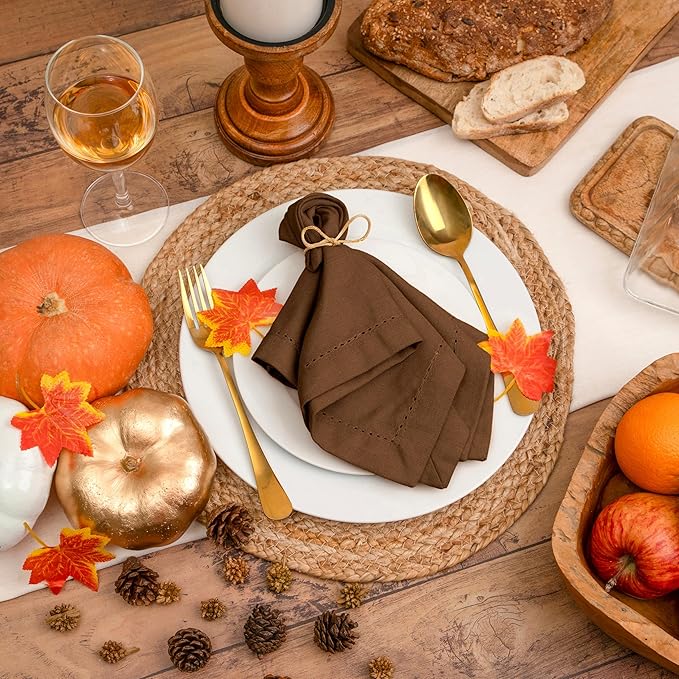 Blue Needles Set of 6 Hemstitch Linen Napkins 100% Cotton Nut Brown Cloth Dinner Napkins 18x18 inches, Soft, Reusable, Absorbent, Washable, Ideal for Fall Thanksgiving Events, Parties & Everyday Use