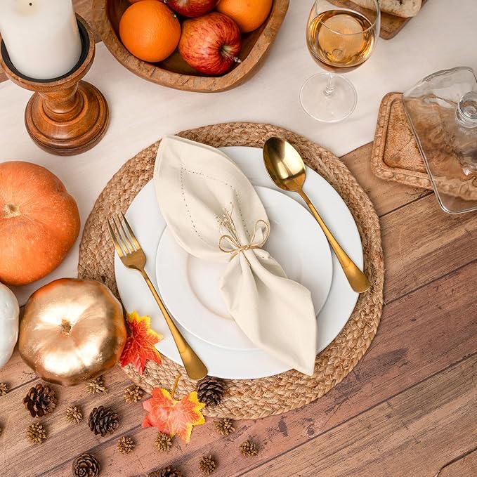 Blue Needles Set of 12 Hemstitch Linen Napkins 100% Cotton Cream Cloth Dinner Napkins 18x18 inches, Soft, Reusable, Absorbent, Washable, Ideal for Fall Thanksgiving Events, Parties & Everyday Use