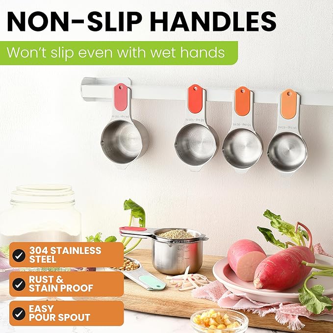 Spring Chef Magnetic Stainless Steel Measuring Cups, Patented, Kitchen Tools with Easy to Read Markings for Measuring Dry or Liquid Ingredients, Set of 7, Desert Sunset