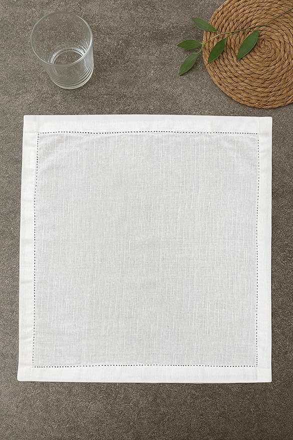 Ramanta Home Hemstitched Dinner Napkins Set of 12 - White, 18x18 Inches - Premium Textured Cotton Soft Cloth Napkins - Durable and Reusable for Weddings or Everyday Use