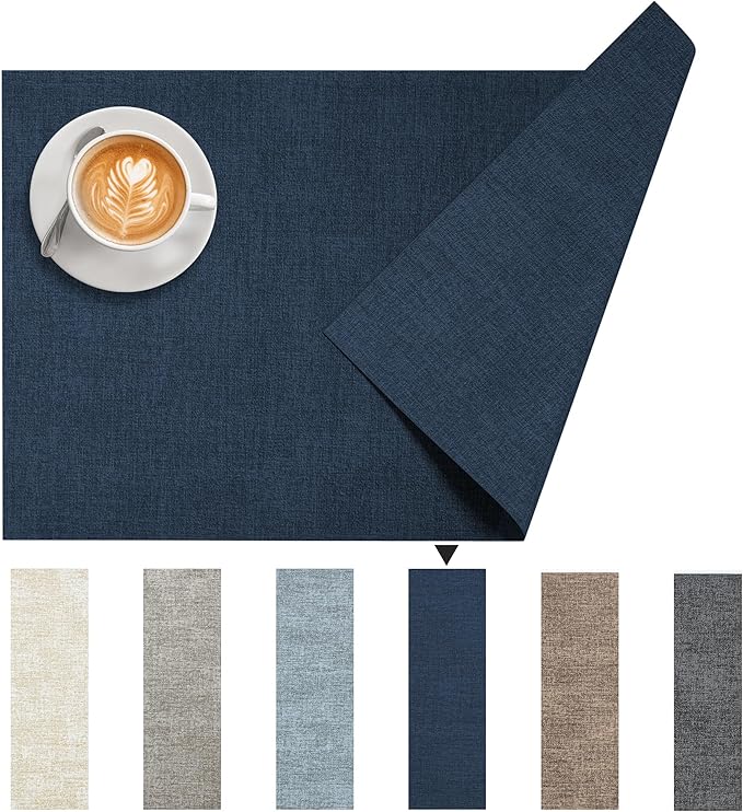 DOLOPL Placemats Set of 6, Reversible Wipeable & Heat Resistant Place Mats, Modern Faux Leather Table Mats for Kitchen, Neutral Washable Tablemats for Dining Table Decor, Wedding, Party(Navy Blue)