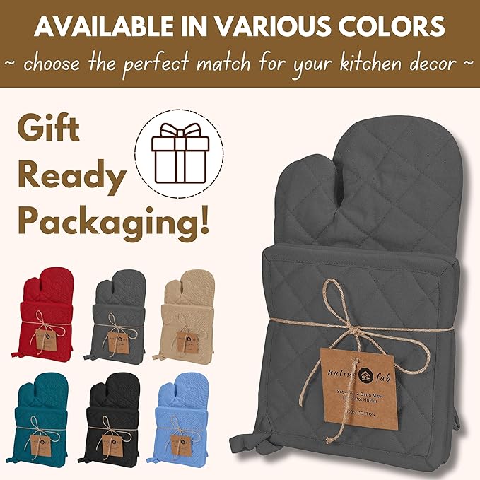 Native Fab Farmhouse Oven Mitts and Pot Holders Set of 4, Heat Resistant Non-Slip Machine Washable, 100% Cotton Kitchen Pot Holders Oven Mitts Sets Grey