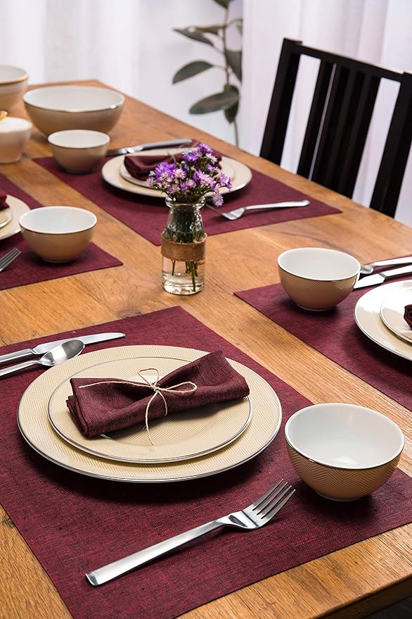 Solino Home Linen Placemats Set of 4 - Red Garnet Placemats 14 x 19 Inch - 100% Pure Linen Table Mats for Fall, Autumn, Thanksgiving, Christmas, Holiday, Winter - Athena