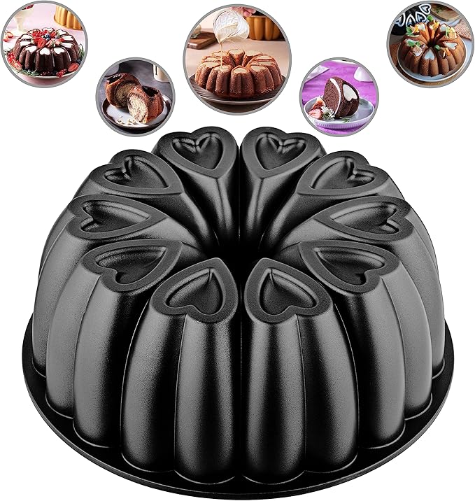 Heart Shape Molded Cast Aluminum Cake Pan, Titanium Coating, Non-Stick, 12 Cups, Heavy Duty, 10 Inch Pound Pan intended for Bundt Cakes, Gifts for Mom, Fluted Tube Pan, Easy to Clean (Black)