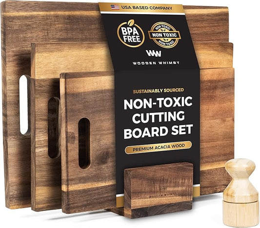 Modern Acacia Cutting Board Set with Holder and Oil Applicator- 3-Piece Wooden Kitchen Butcher Block - Solid Wood Chopping Blocks for Food Prepping, Charcuterie, and Cheeseboards