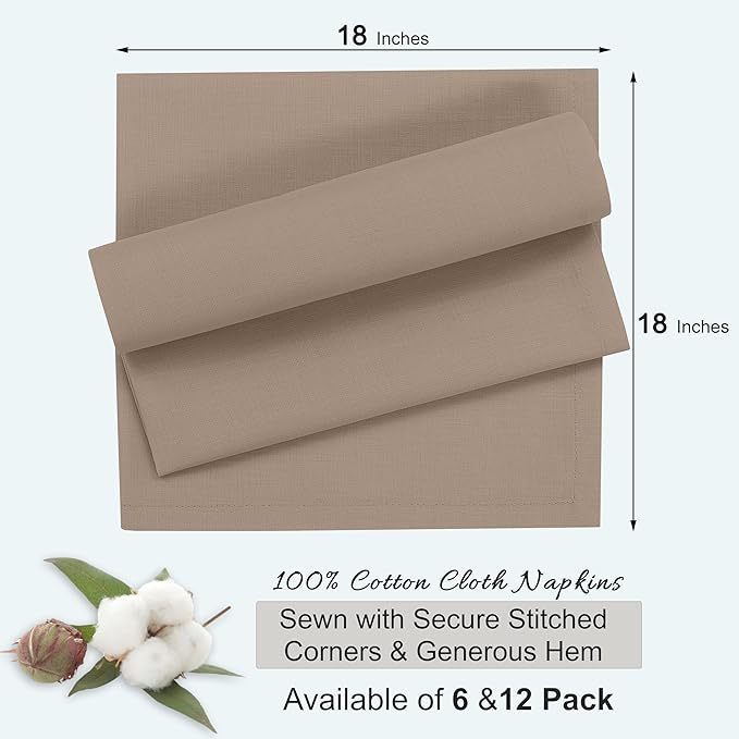 Ruvanti Cloth Napkins Set of 6, 18x18 Inches, 100% Cotton, Washable, Soft & Absorbent, Perfect for Wedding, Christmas, ‎Thanksgiving Dinners - Light Taupe